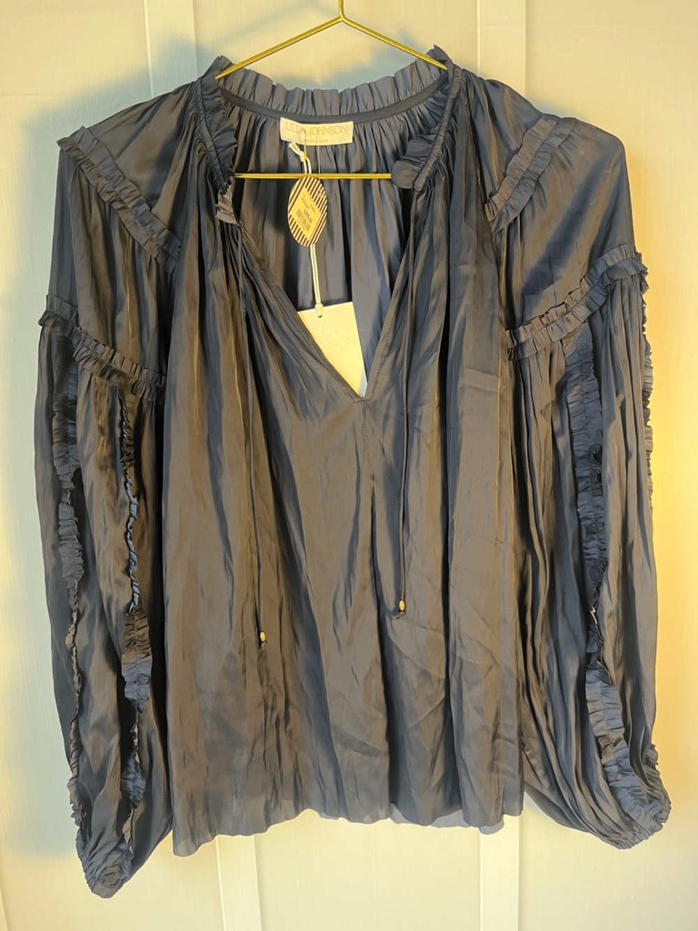 Ulla Johnson Pre Fall 2022 Maeve Top Midnight Silk V-Neck Gathered Blouse Size 8